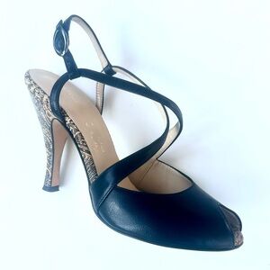 EUC Marchez Vous Allegra Elegant Black Leather Strappy Heels, Perp Toe, 7